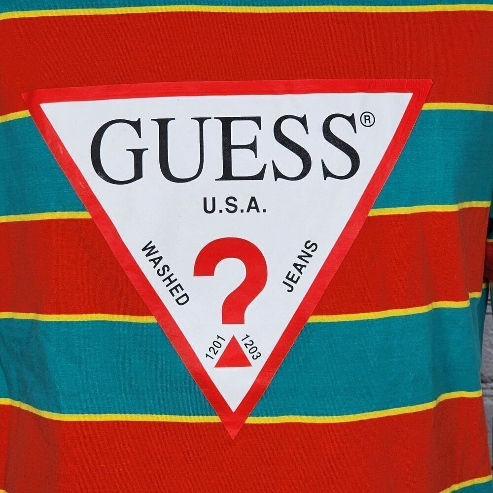 Guess Logo Orange/Green Striped T-Shirt, Men's Medium